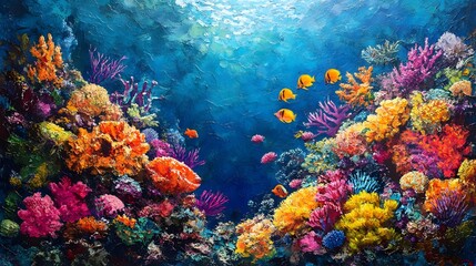 Obraz premium Stunning underwater artwork depicting a vibrant coral reef teeming with colorful fish and diverse marine life. A true spectacle of nature's beauty. Vibrant Underwater Coral Reef Paradise