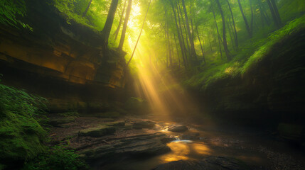 Obraz premium Sun rays piercing through the mist, illuminating patches of the gorge in a magical, ethereal glow