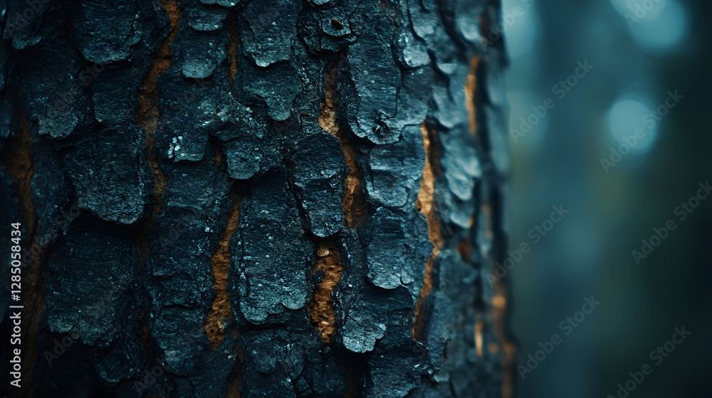 Poster Close-up image of a tree's textured bark in a forest setting. The dominant teal color and intricate details create a captivating natural scene. Teal Tree Bark Texture