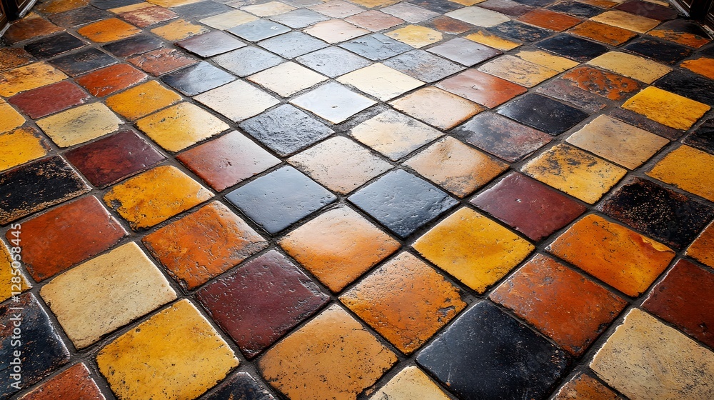 Poster A captivating image showcasing a vibrant array of antique tiles forming a mesmerizing pattern on a floor. The rich colors and textures speak volumes of history. A Colorful Tapestry of Ancient Tiles: