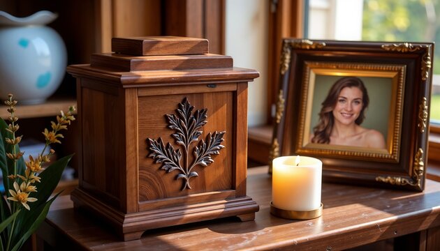 Carved wooden memorial urn with cremated remains of deceased loved one, surrounded by a candle and framed photo, honoring memory and legacy