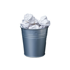 Silver metal trash bin filled with crumpled paper on transparent background