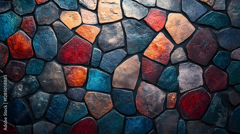 Poster close-up of a vibrant stone mosaic wall with various colors and shapes. perfect as a background imag