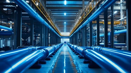 Obraz premium A long blue pipe with a yellow stripe runs through a large industrial building. The pipes are connected to a large tank, and the room is lit up with bright lights. Concept of industrial activity