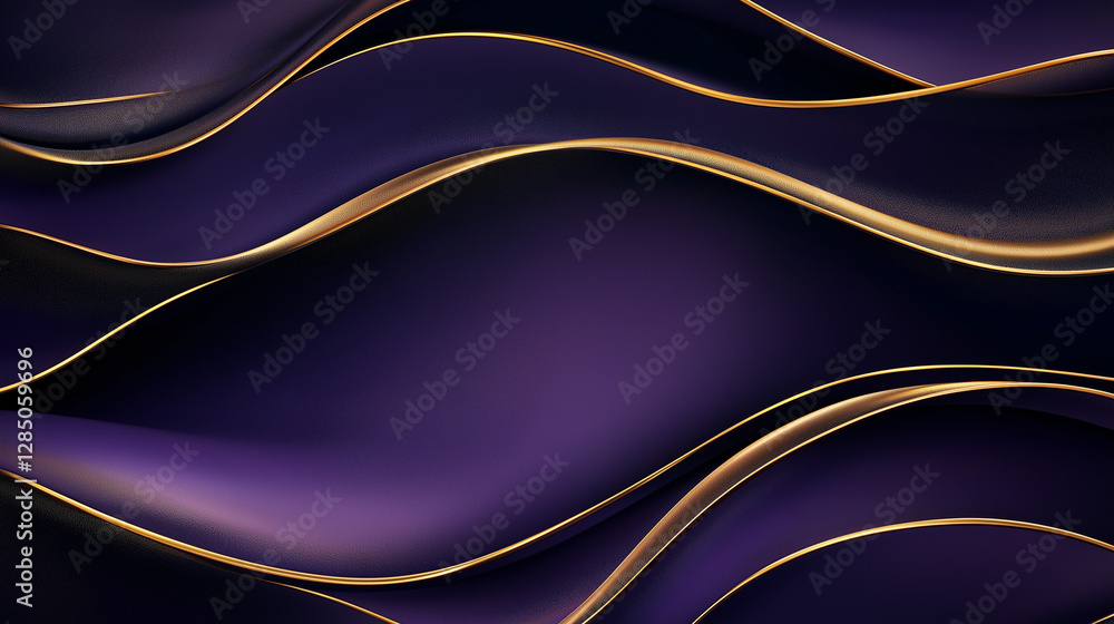 Poster luxurious wave: an elegant, abstract design featuring flowing waves of deep purple and shimmering go