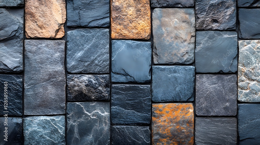 Aufkleber close-up view of a multicolored stone wall. various shades of gray, blue, and brown stones create a 