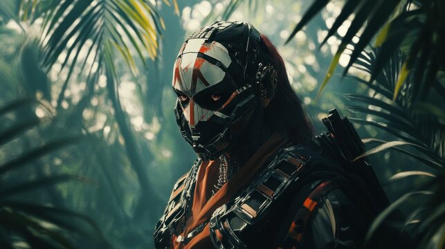 Futuristic warrior in a dense jungle, poised for action amidst vibrant foliage and shadows