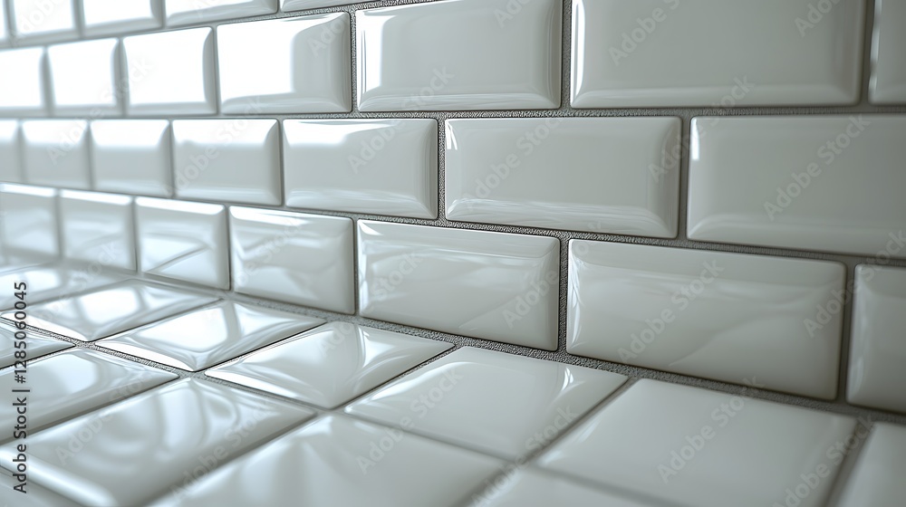 Poster close-up of gleaming white subway tiles, creating a minimalist and modern aesthetic. gleaming white 