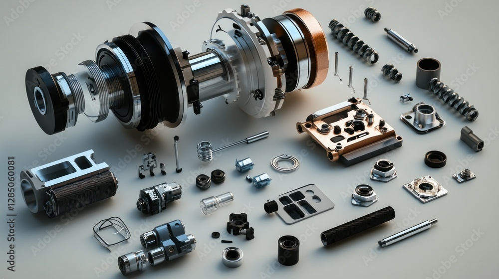 Poster detailed assembly of mechanical components showcasing precision engineering and design