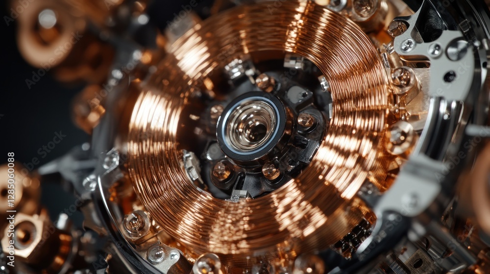 Poster close-up view of intricate copper coil mechanism in a futuristic technological device