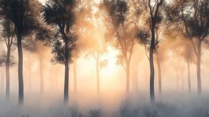 Fototapeta premium Misty Dawn in the Forest A Serene Sunrise Landscape