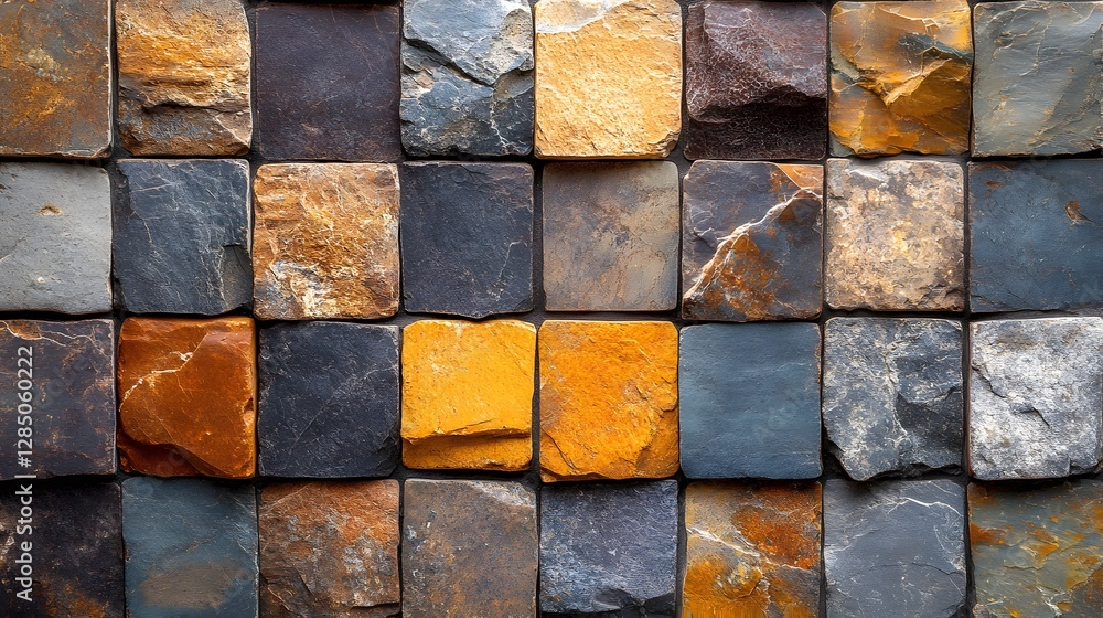 Poster close-up view of a rustic stone wall with various earthy tones and textures. perfect for background 