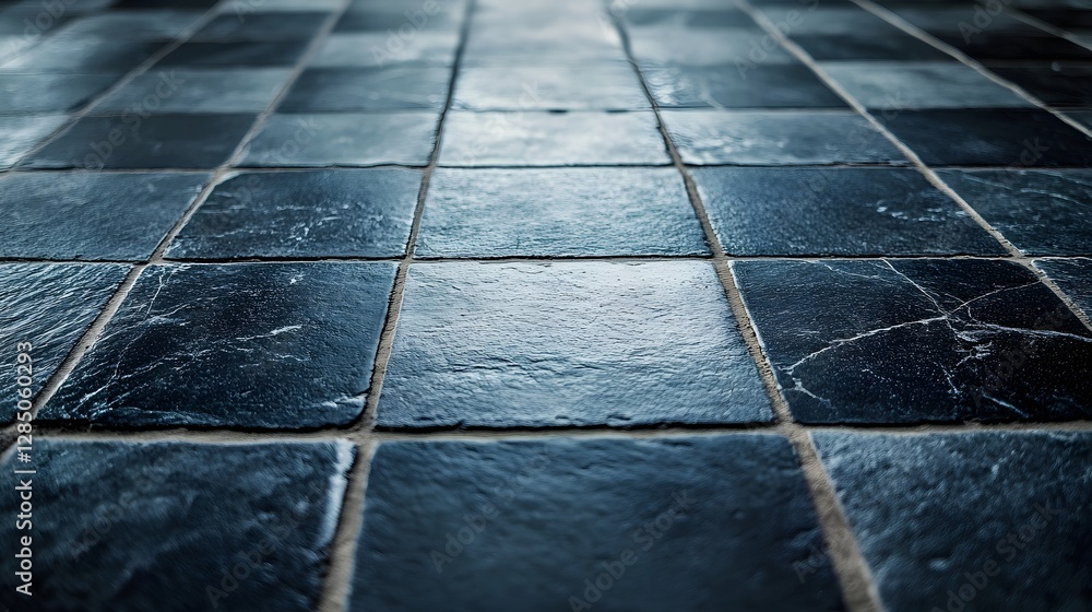 Poster close-up view of dark blue slate tiles forming a textured floor. the image shows a perspective view.