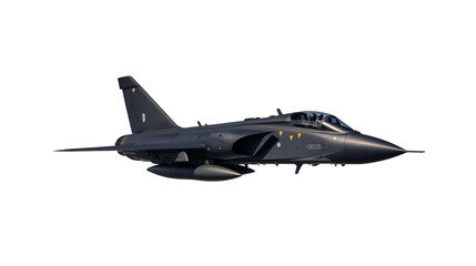 Military fighter jet in dynamic flight pose on transparent background