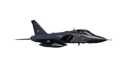 Military fighter jet in dynamic flight pose on transparent background