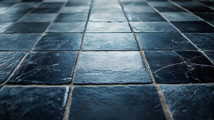 Close-up view of dark blue slate tiles forming a textured floor. The image shows a perspective view. Dark Blue Slate Tile Floor: A Textured Perspective