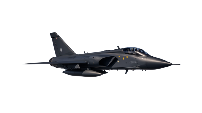Military fighter jet in dynamic flight pose on transparent background