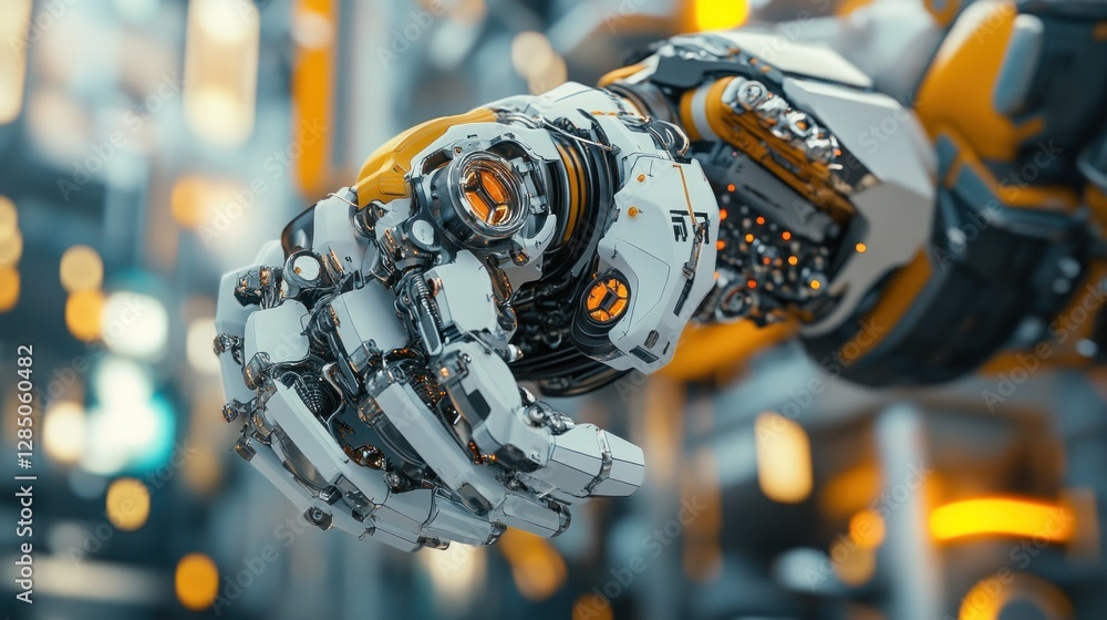 Poster futuristic robotic hand reaching out in a high-tech environment with glowing elements