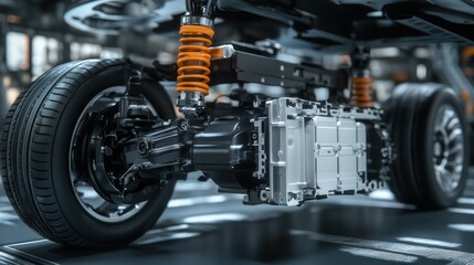 Fototapeta premium Detailed view of an electric vehicle's undercarriage showcasing the suspension and motor assembly