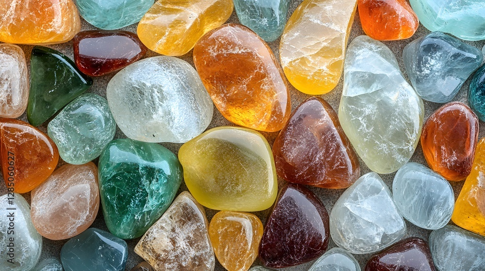 Poster a captivating array of tumbled stones in various colors and textures. each stone boasts unique beaut