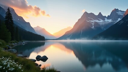 Scenic Mountain Lake at Sunrise with Reflections, Mist, and Vibrant Sky in a Serene Landscape

