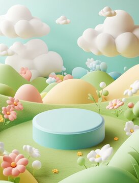 A whimsical pastel landscape with soft clouds rolling hills and delicate flowers surrounding a central blue pedestal