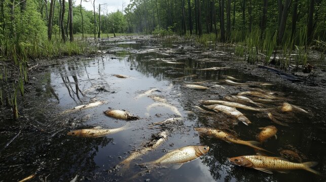 Dead Fish Surrounded by Lush Greenery in Stagnant Water of a Marshy Wetland Environment