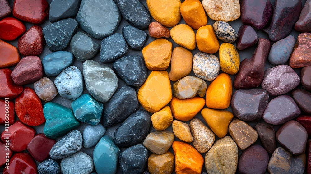Poster a vibrant collection of polished stones arranged in a rainbow pattern. the smooth surfaces and rich 