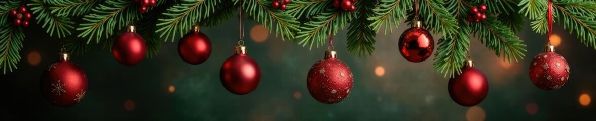 Vintage ornaments hang from fir branches with ribbons, garland, ornaments, sophistication