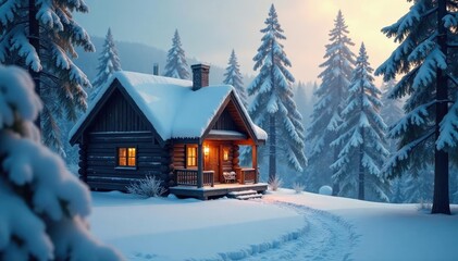 A cabin's chimney rises into the cold winter air amidst snowflakes, air, snowflakes, snowy scene
