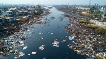 Pollution and Waste Accumulation in Waterway Surrounded by Urban Development and Neglect