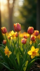 Obraz premium Brown tulips and daffodils in a peaceful garden, flowers, serene