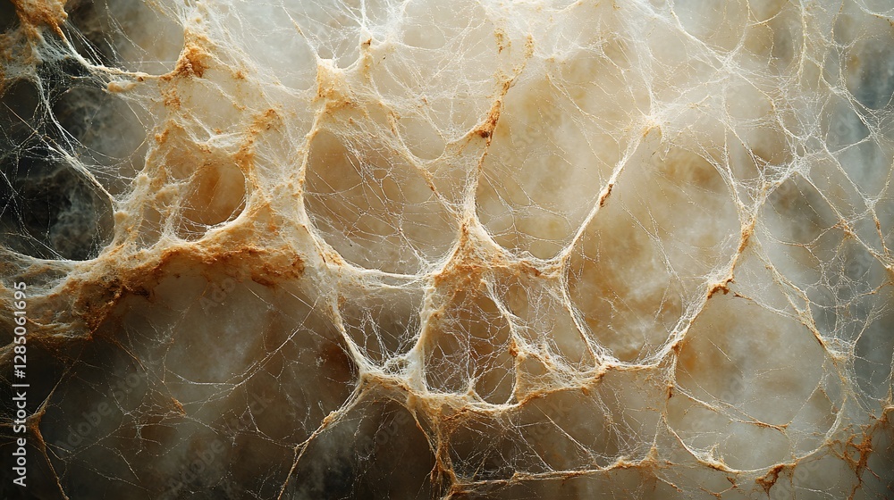 Poster Close-up shot of a spiderweb, showcasing its intricate and complex structure. The image highlights the delicate texture and patterns of the web. A Close-Up of a Complex Spiderweb Structure
