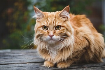 Fototapeta premium Elegant Ginger Cat Portrait on Rustic Wood, Focused, Soft Lighting, Amber Eyes, Natural Background, Detail-Oriented, Serene, Outdoor