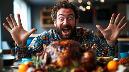 A middle-aged man is happily excited on Thanksgiving Day with a delicious roast chicken on the dining table in front of him.