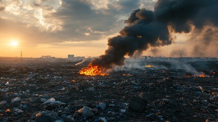 Pollution and Environmental Damage from Burning Trash in Urban Landscape at Sunset