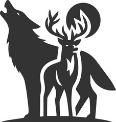 A wolf howling with a deer watching from a distance animal vector silhouette