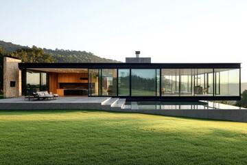 Fototapeta premium Modern glass-and-steel house with long horizontal lines. Panoramic lawn and hillside setting at dusk. Minimal luxury and calm ambition. Perfect for real estate, architecture