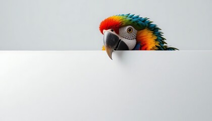 A colorful parrot with vibrant feathers, its face peeking over a white web banner, set against a plain white background.