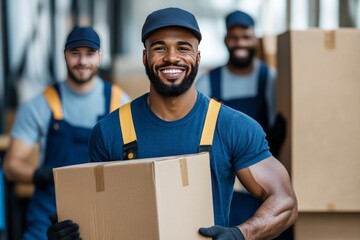 "Smiling Movers: A team of professional movers, exuding confidence and reliability, pose with cardboard boxes, embodying the spirit of a smooth and efficient relocation.