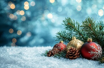 Obraz premium Elegant Christmas Ornaments on Snowy Surface with Pine Branches