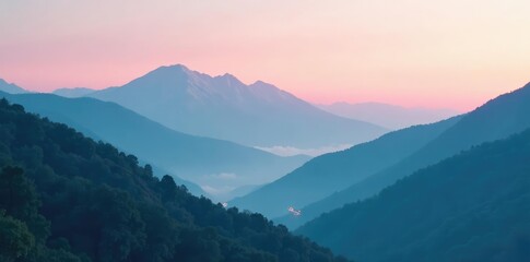Obraz premium Soft pink and teal mist rising from a mountain range at dusk, evening, natural, soft focus