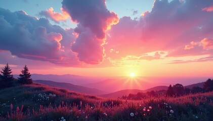 Fototapeta premium Soft pink and peach tones fade into blue as sun dips below horizon, landscape, natural light