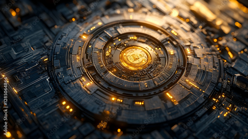 Aufkleber abstract technology background with glowing golden circuitry pattern