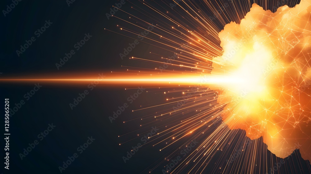 Poster the image shows a radiant explosion of golden light and energy, emanating from a central point and e