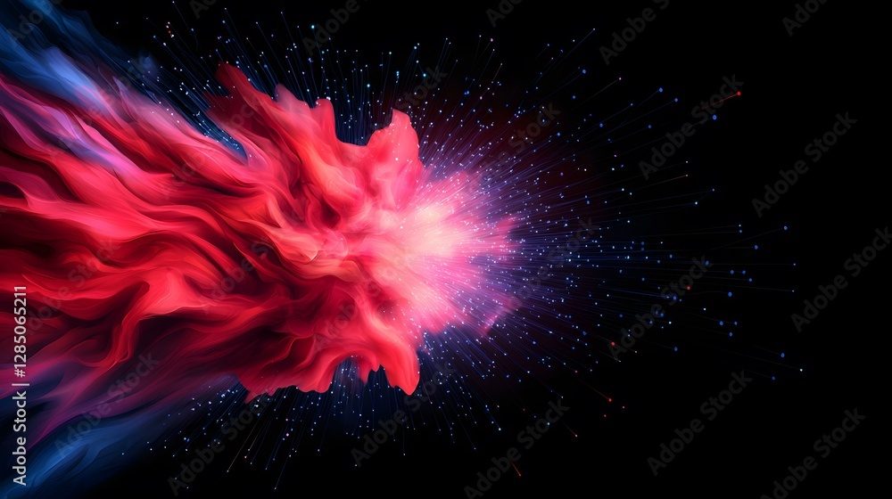 Poster a vibrant abstract image depicting a red and blue nebula-like form exploding into a shower of glowin