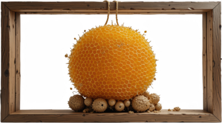 Golden Honeycomb Sphere in Rustic Wooden Frame Natural Bee Product Sweet Honey Texture