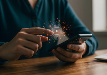 AI-Driven Hyper-Personalization.A man recommends products through a smartphone, and an AI algorithm analyzes personal preferences and past purchase history to provide the optimal choice.