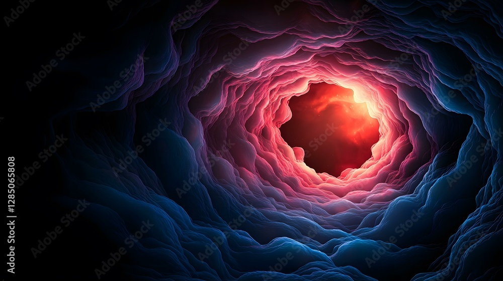 Poster the image shows an abstract representation of a tunnel or passageway with flowing, layered formation