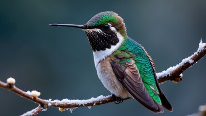Fototapeta premium Detailed view of an Annas hummingbird during winter in Western Washington perched on a slender diagonal branch.